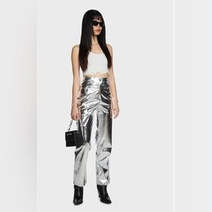 AmyLynn Lupe Metallic silver high waisted straight leg faux leather trousers M